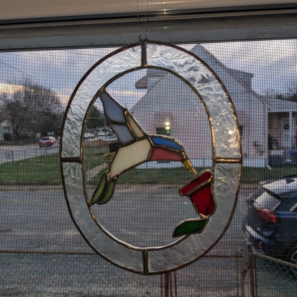 Vintage Hand Made Oval Hummingbird Stained Glass Hanging Suncatcher